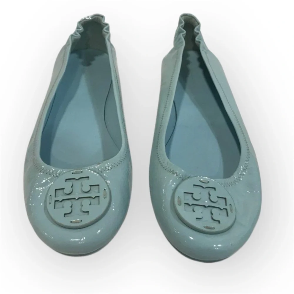 Tory Burch 11M, Minnie Travel Ballet Flats, AUDREY BLUE Crinkle Metallic Leather